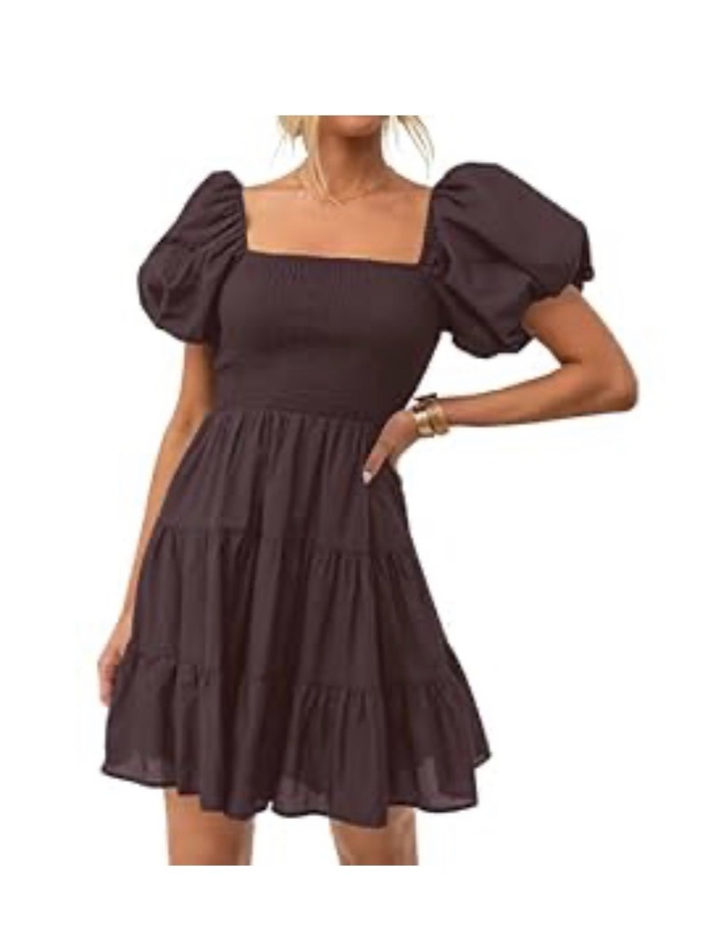 Square Neck Puff Sleeve Tiered Mini Dress in Brown